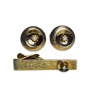 Vintage Gold Tone And Faux Pearl Tie Bar And Cufflinks Set (6056)